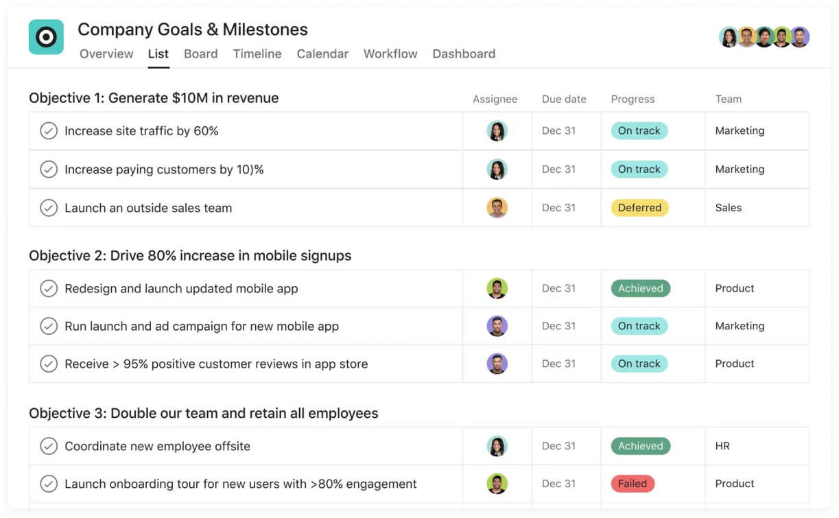 Asana Goals connected to projects and tasks