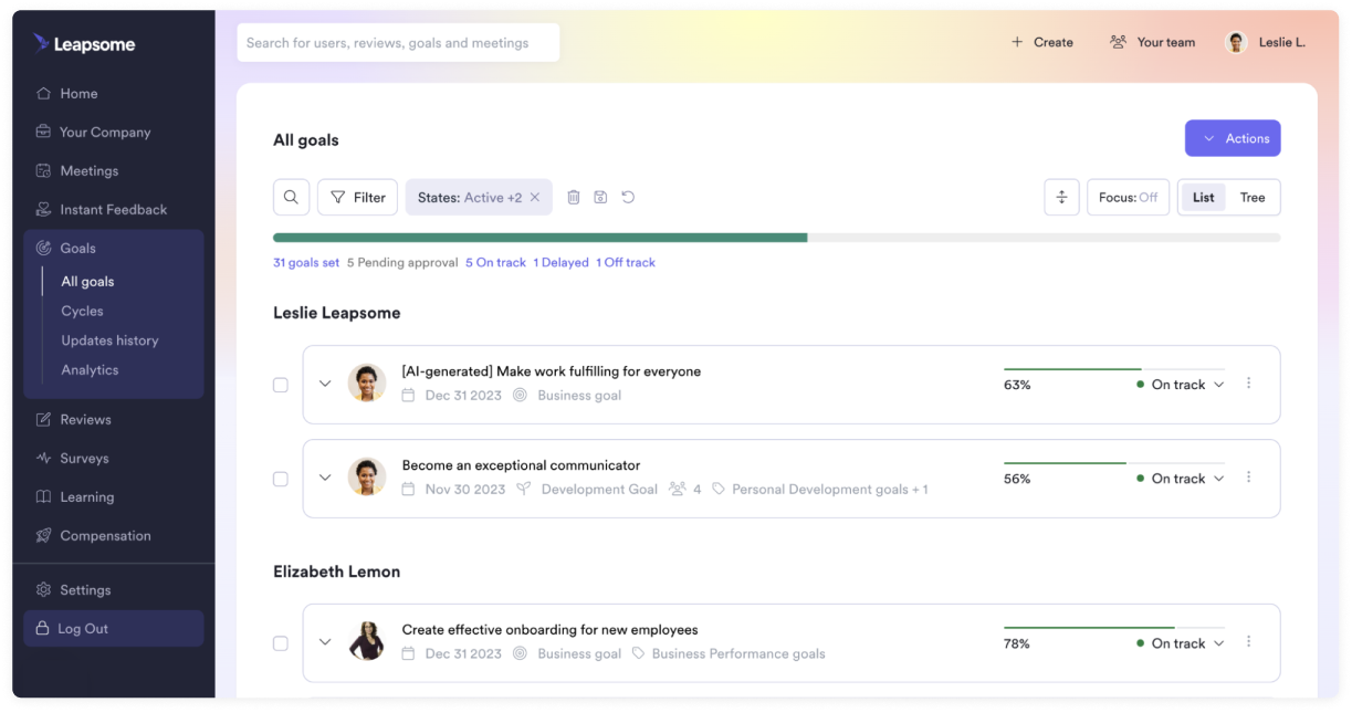 Leapsome goals and learning platform screenshot