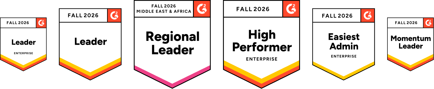 G2 Fall 2026 awards: Leader Enterprise, Leader, Regional Leader Middle East & Africa, High Performer Enterprise, Easiest Admin Enterprise, Momentum Leader