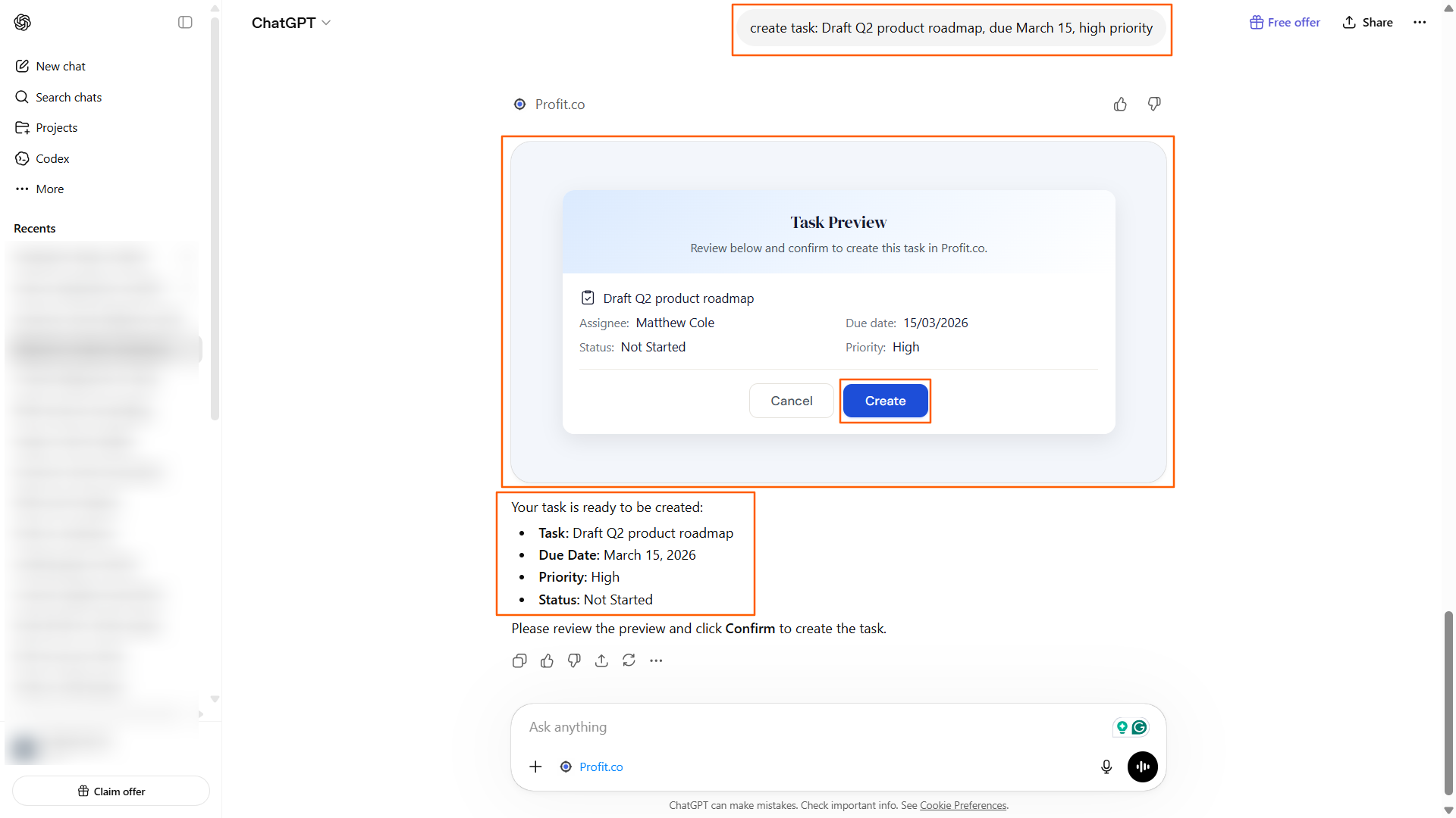 Step 2: ChatGPT extracts the task details screenshot