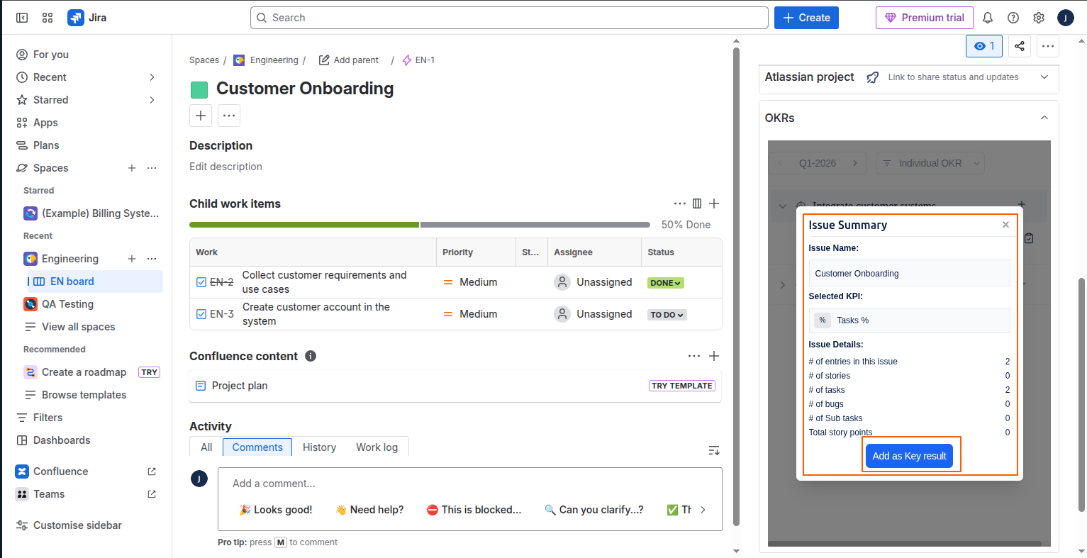 Create a Jira Epic as a Sub-Key Result screenshot 4