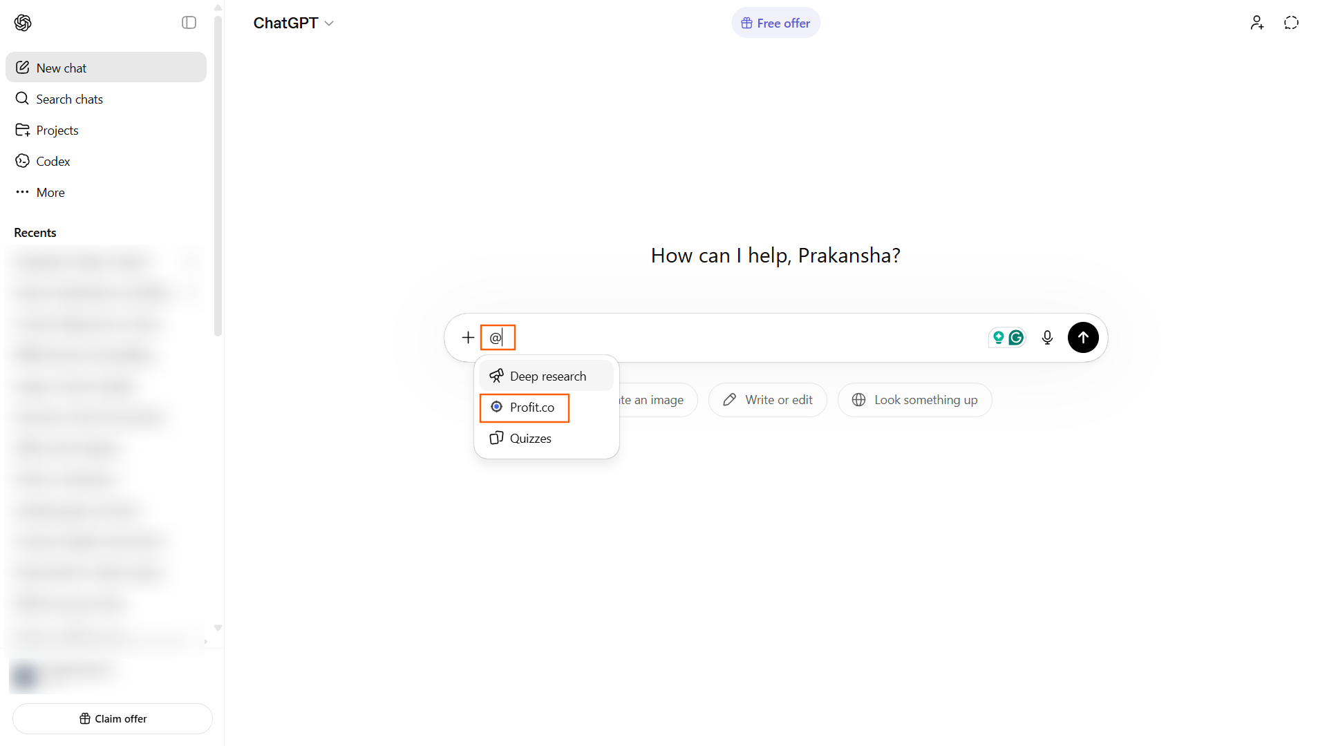 Step 3: Start Using Profit.co in ChatGPT screenshot