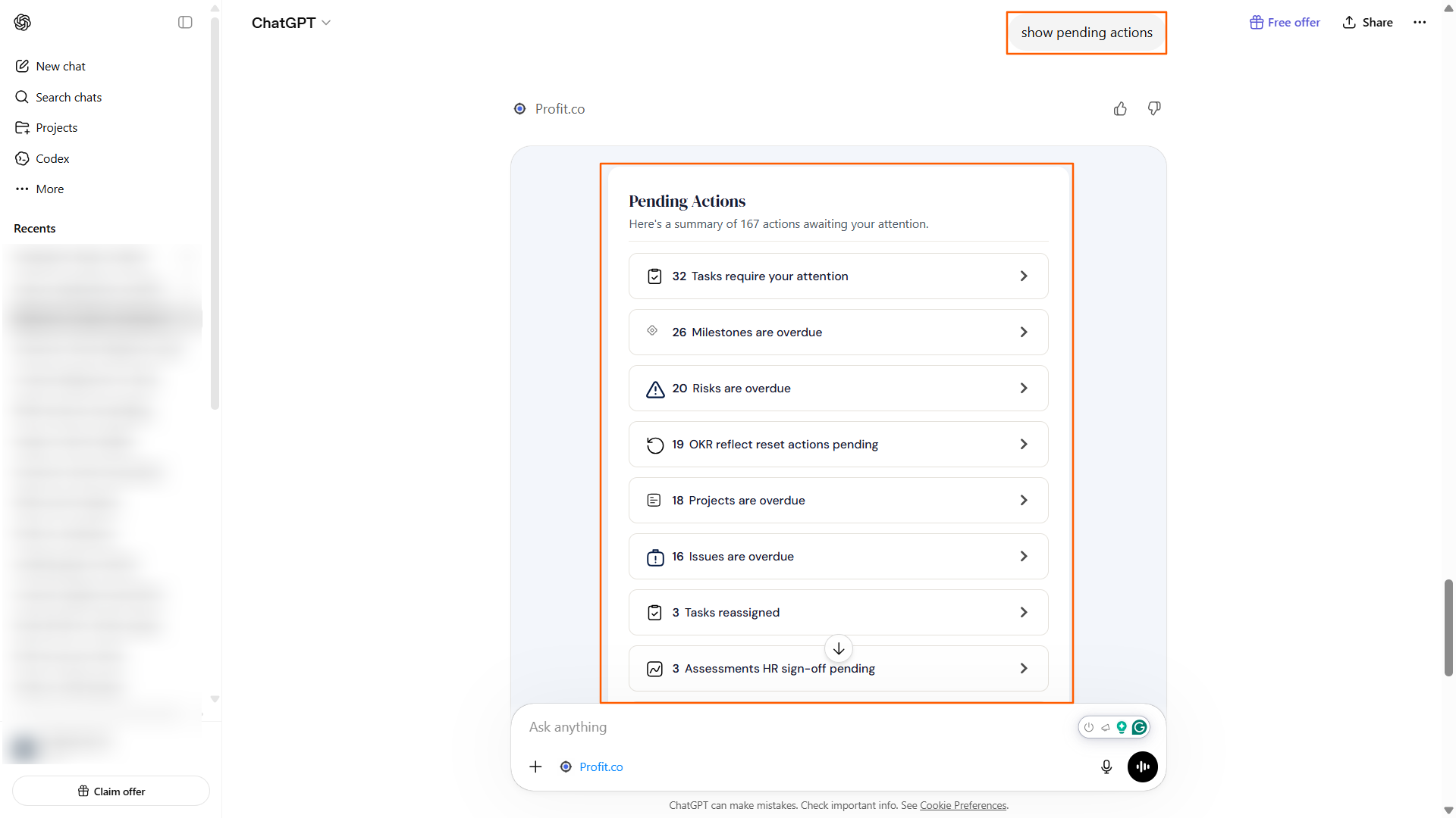 Step 2: ChatGPT retrieves and displays your pending items. screenshot