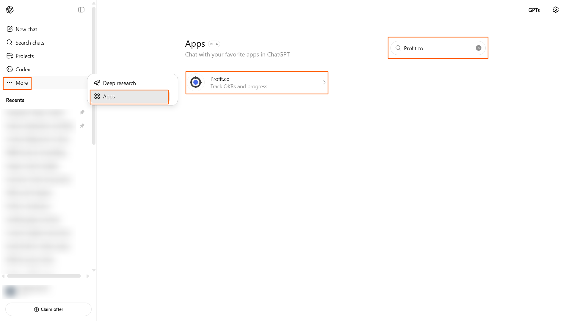 Step 1: Search for Profit.co in ChatGPT screenshot 1