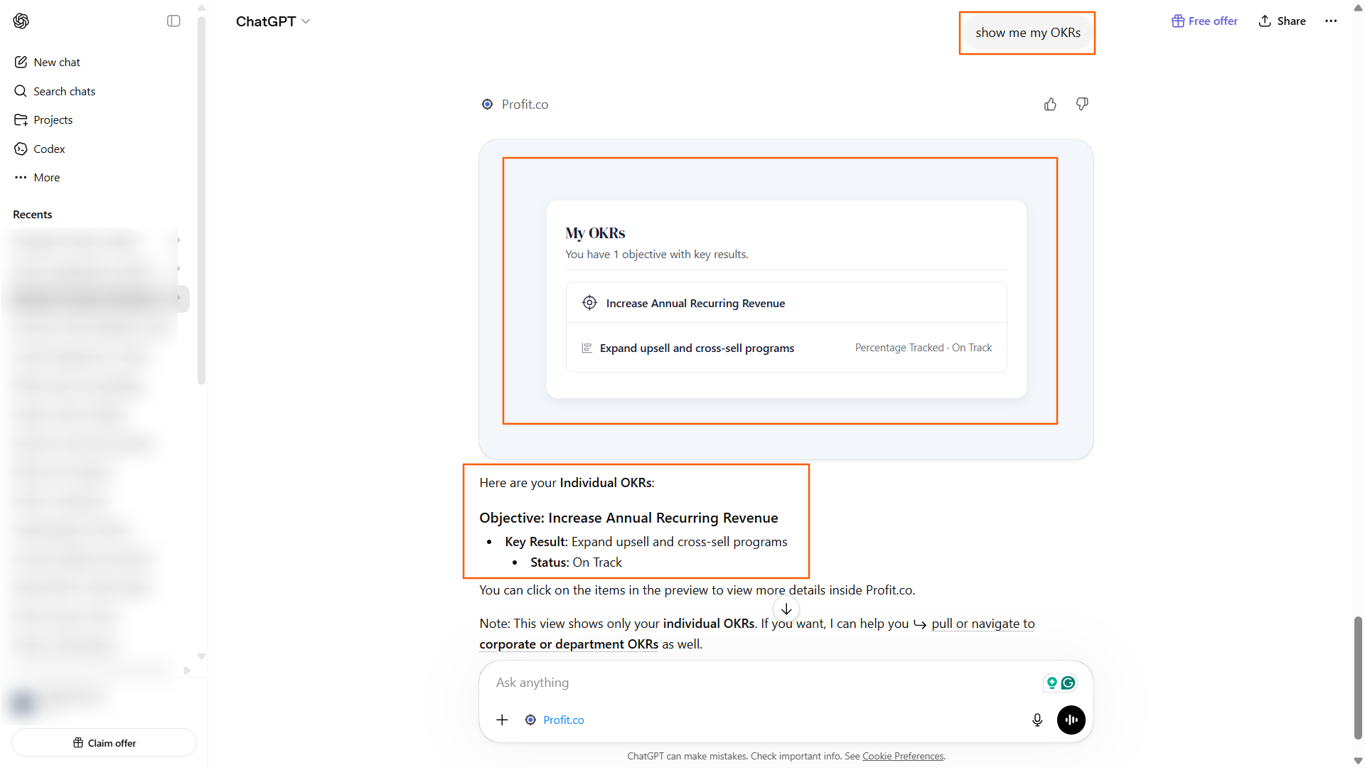 Step 2: ChatGPT retrieves and displays your OKRs screenshot