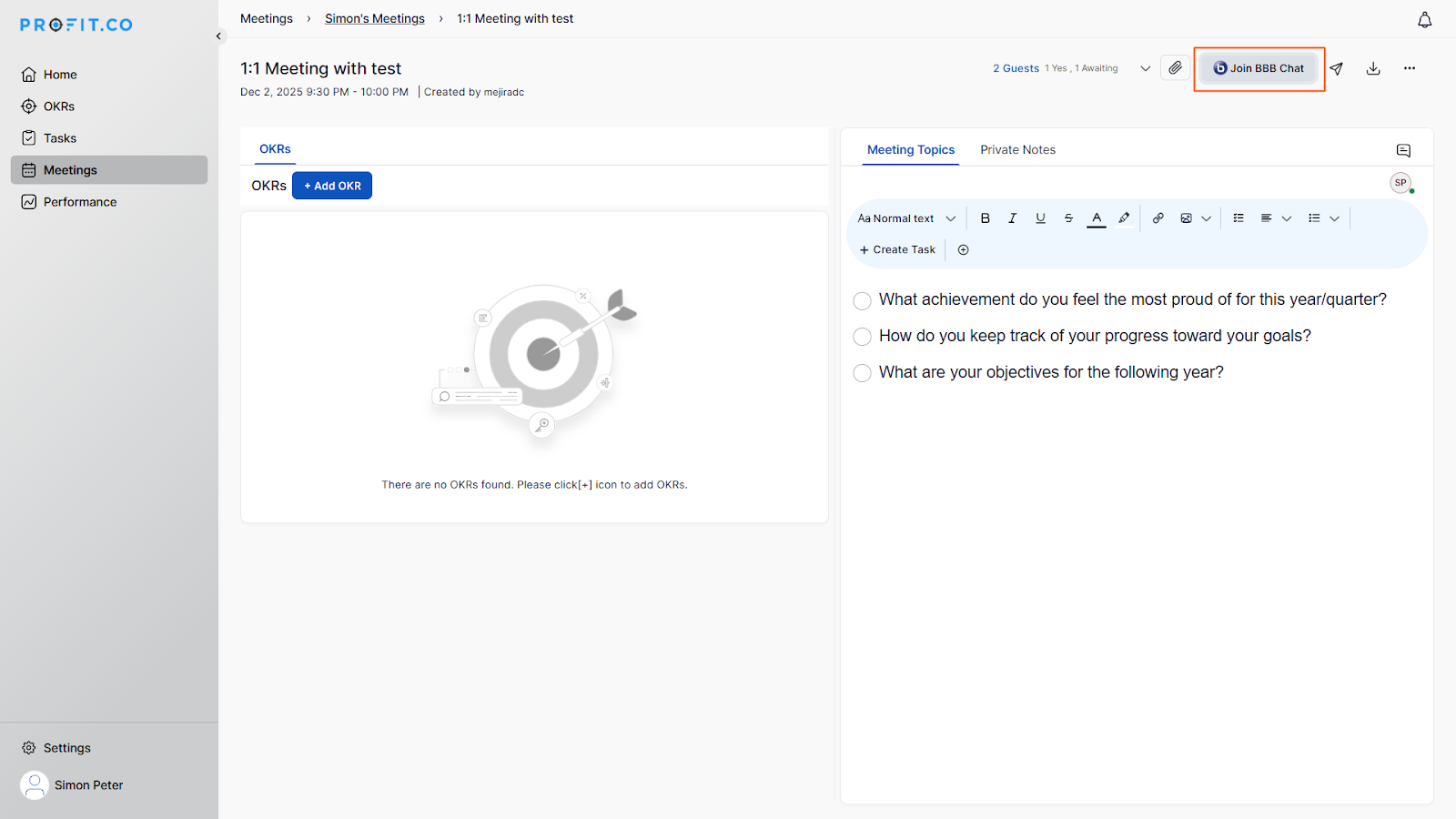 How to schedule a meeting in Profit.co screenshot 2