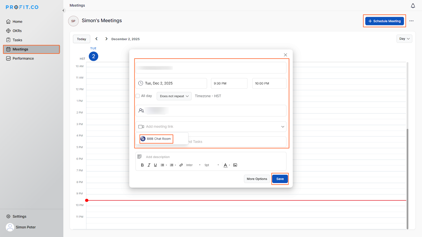 How to schedule a meeting in Profit.co screenshot 1