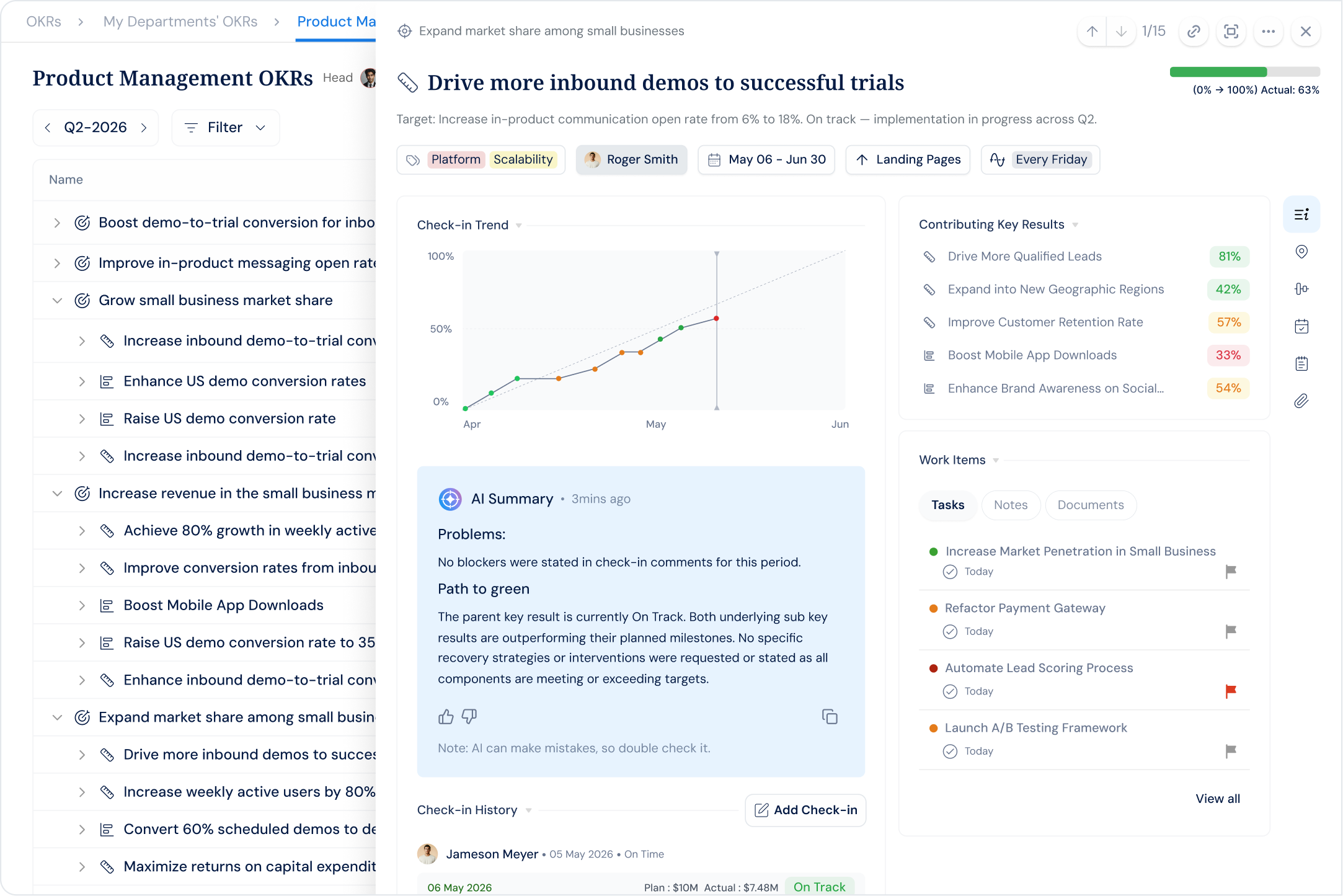 Quarterly performance review with key results, ratings, and live OKR progress