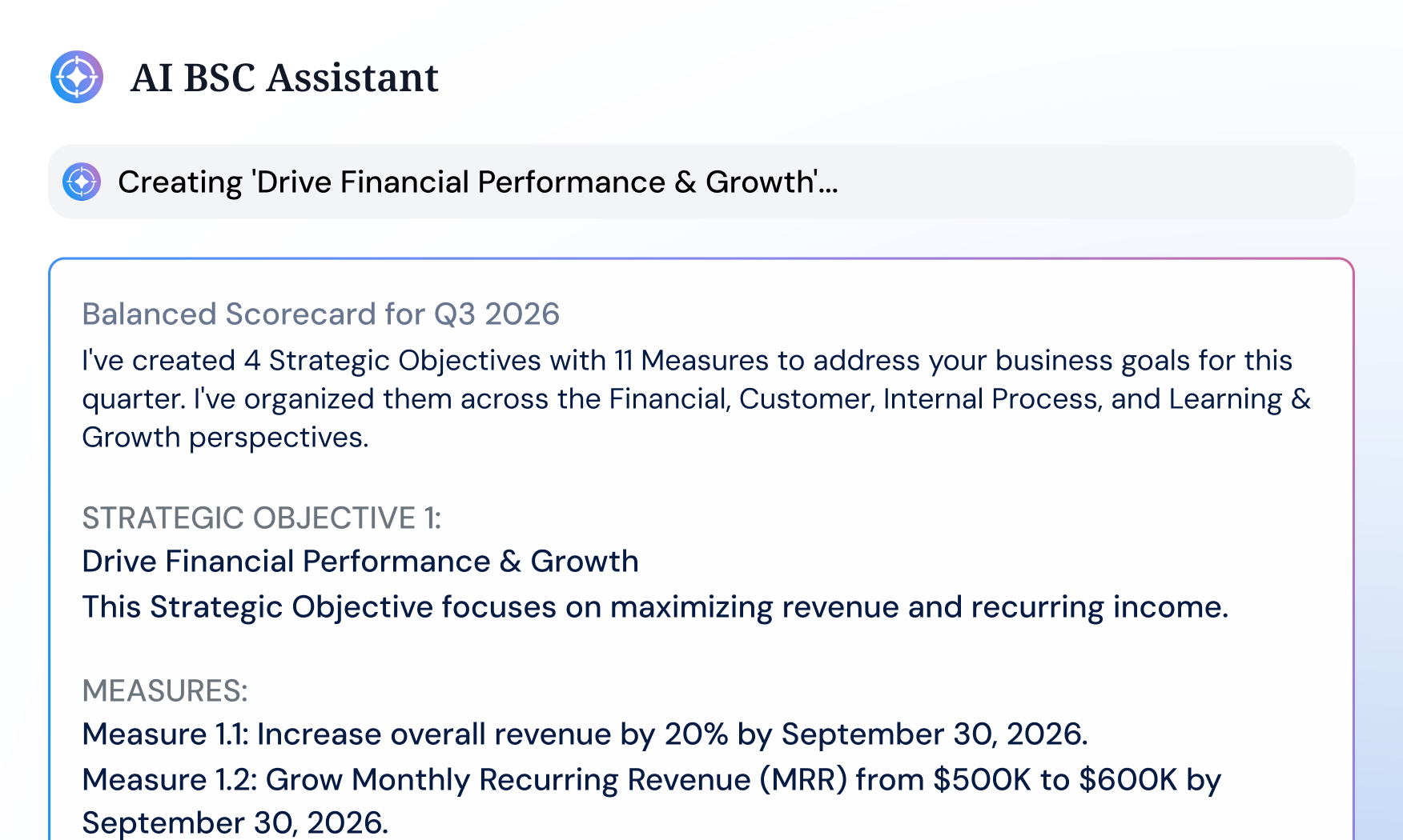 AI drafting a balanced scorecard with objectives and KPIs across perspectives