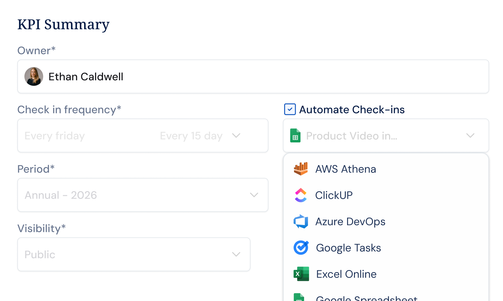 KPI check-ins syncing live data from connected business tools