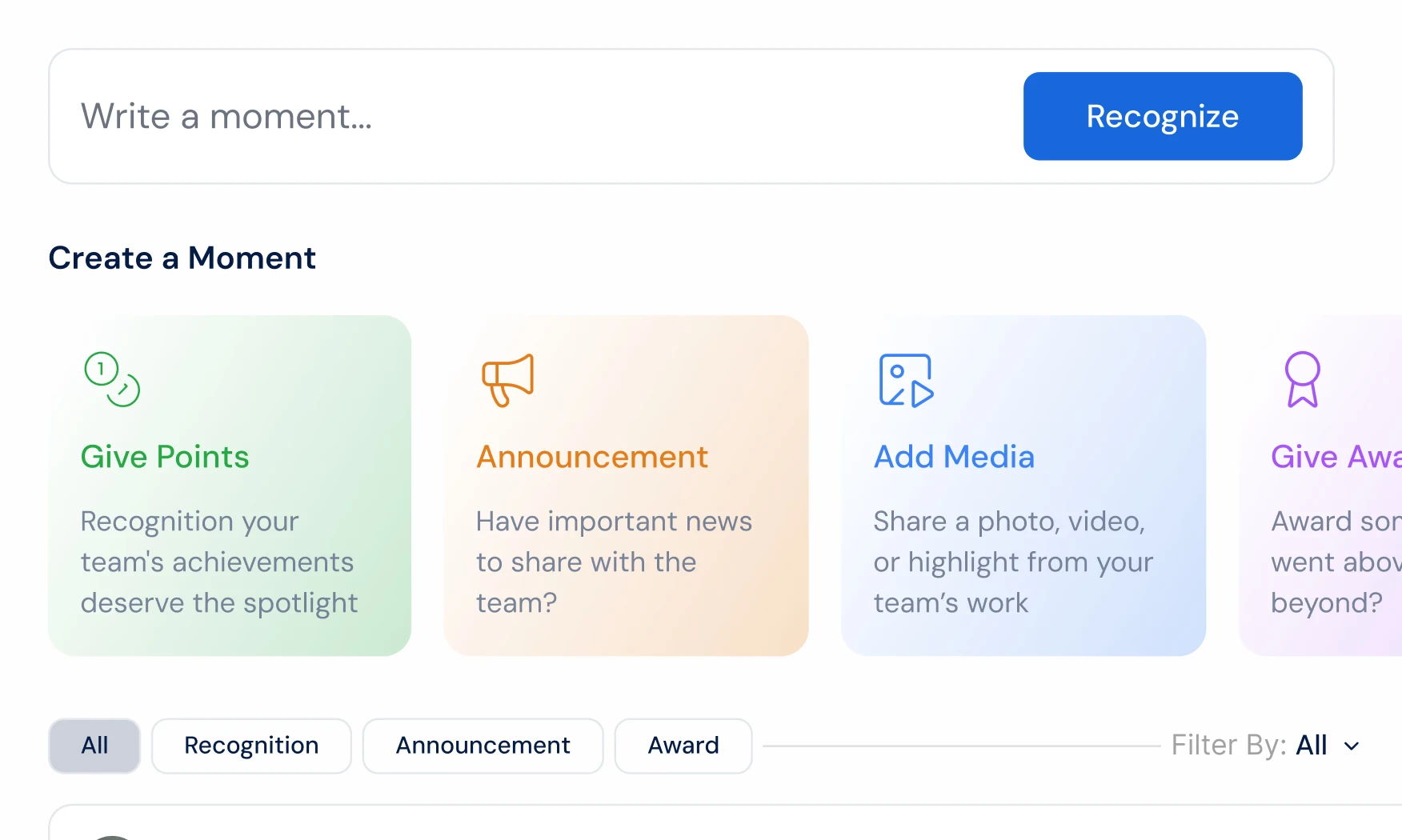 Company-wide recognition feed with celebrations across every department