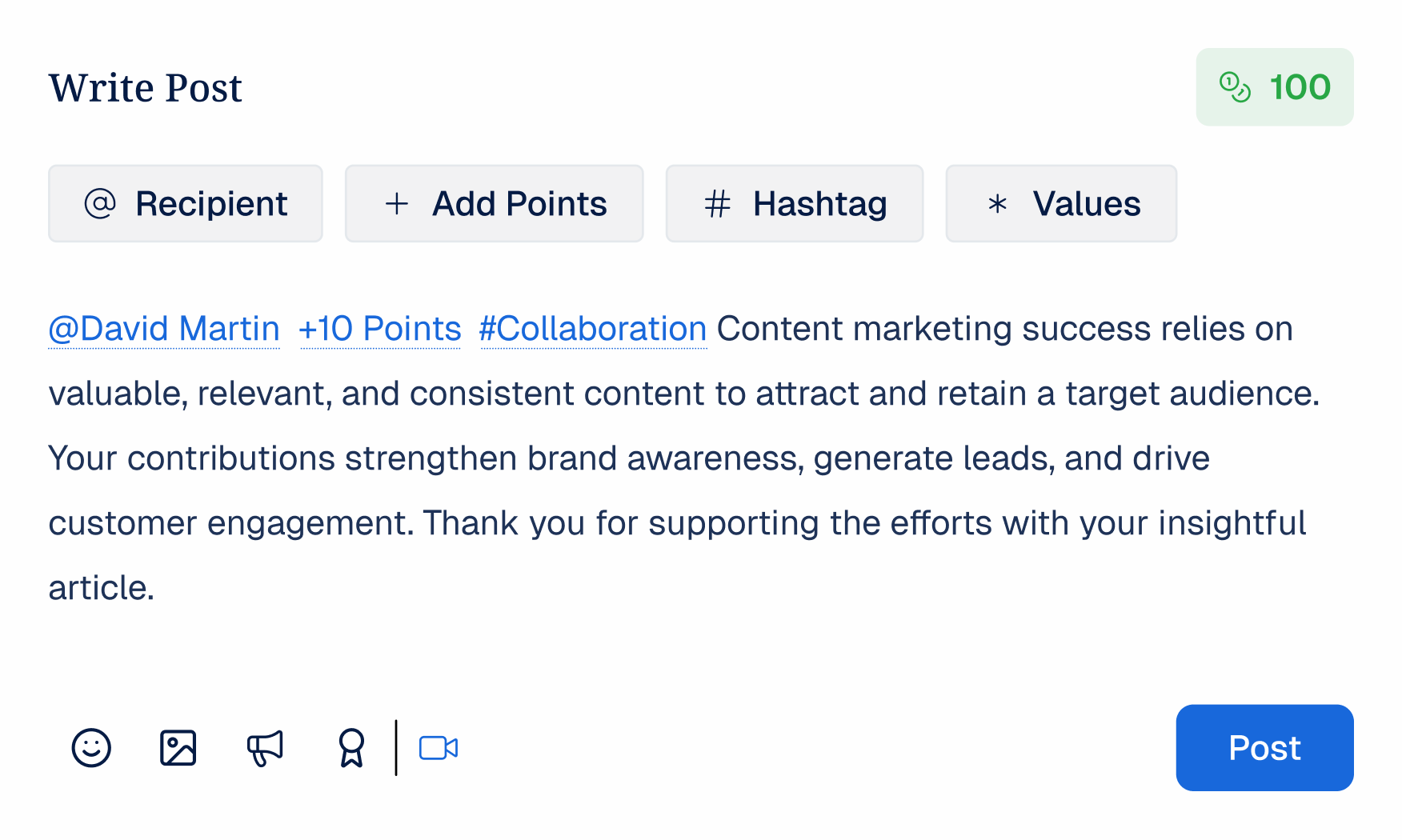 Recognition post options for text kudos and photo celebrations