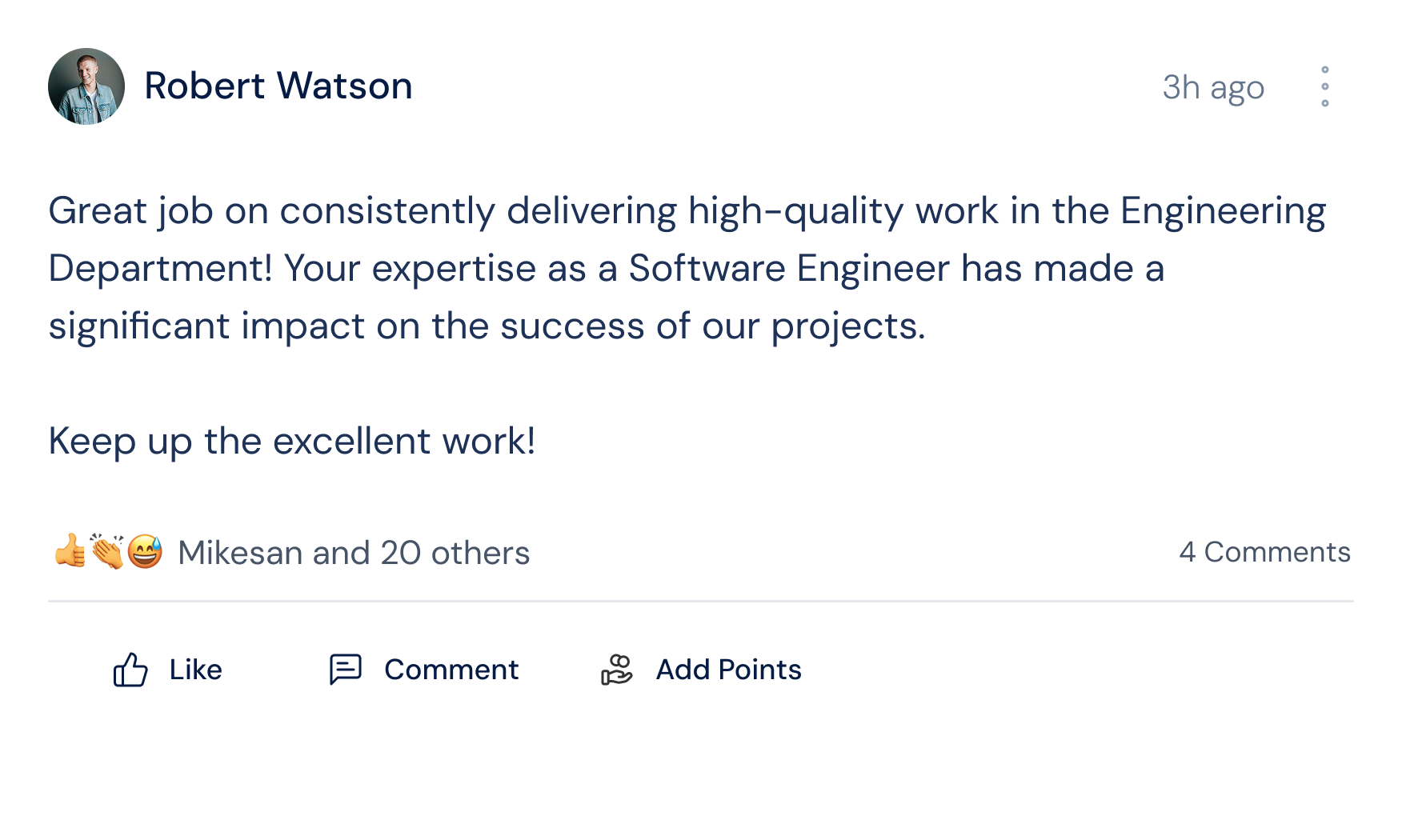 Company recognition feed showing peer kudos posted as wins happen