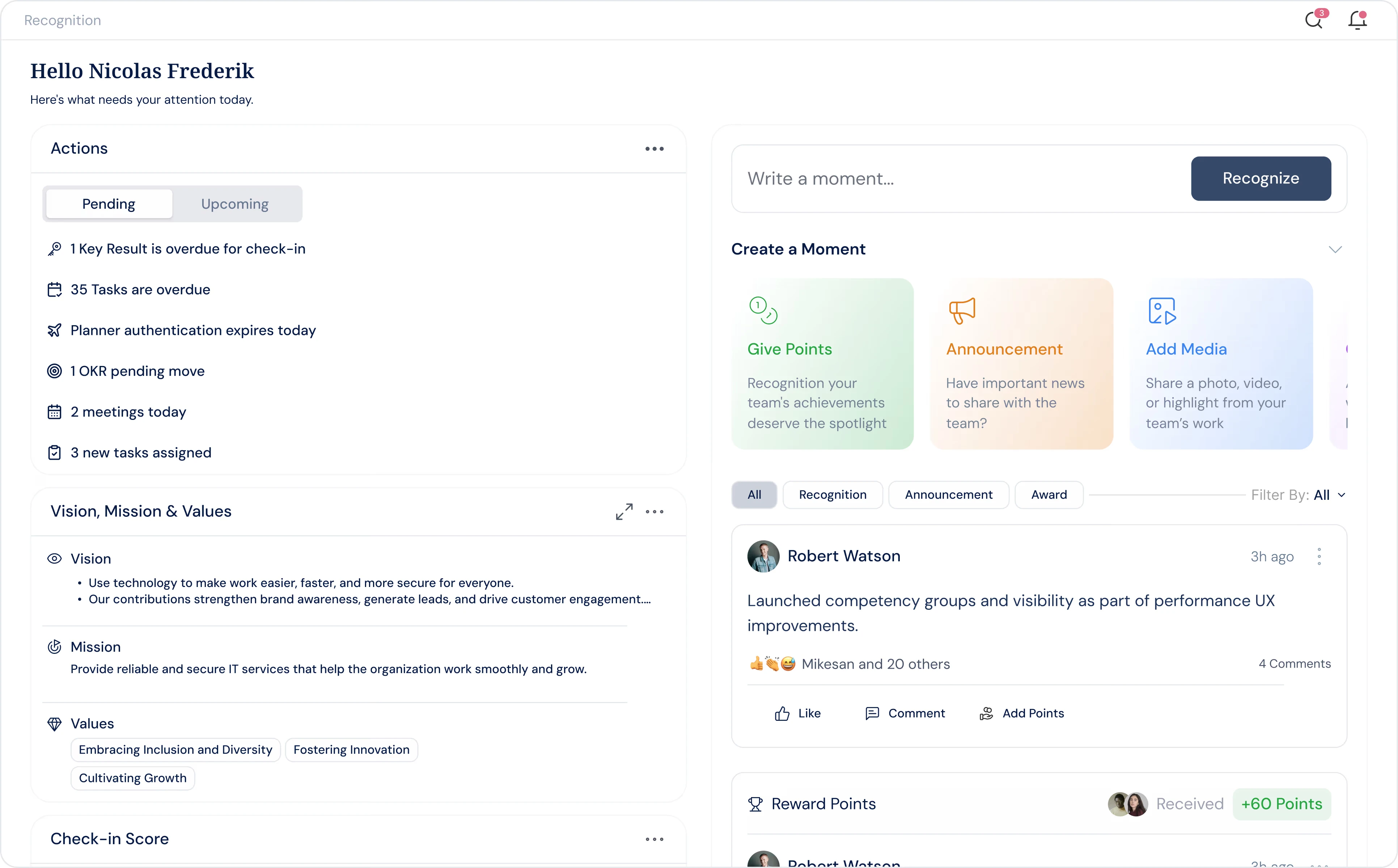 Profit.co Employee Recognition feed and leaderboard