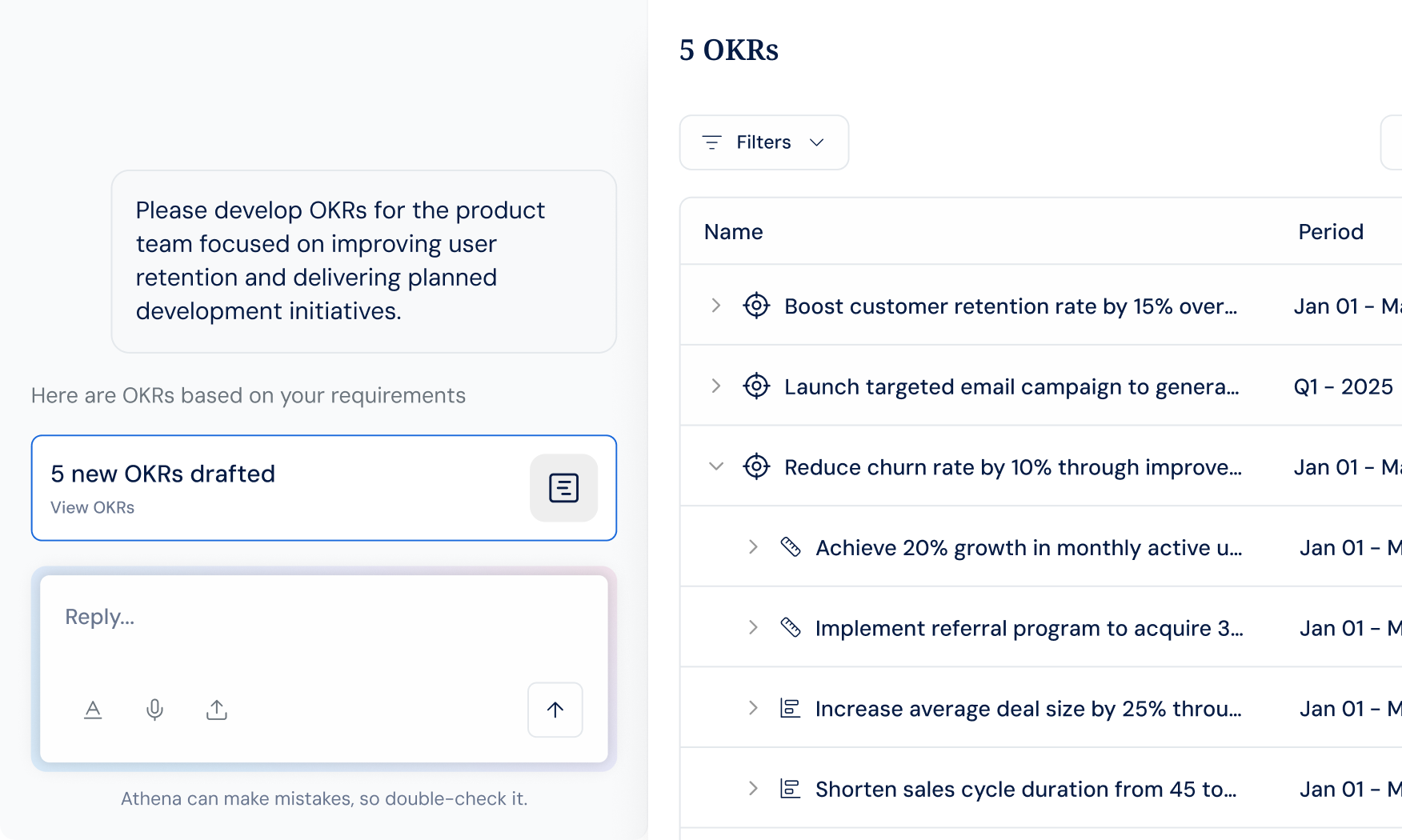 Athena drafting five OKRs for the product team