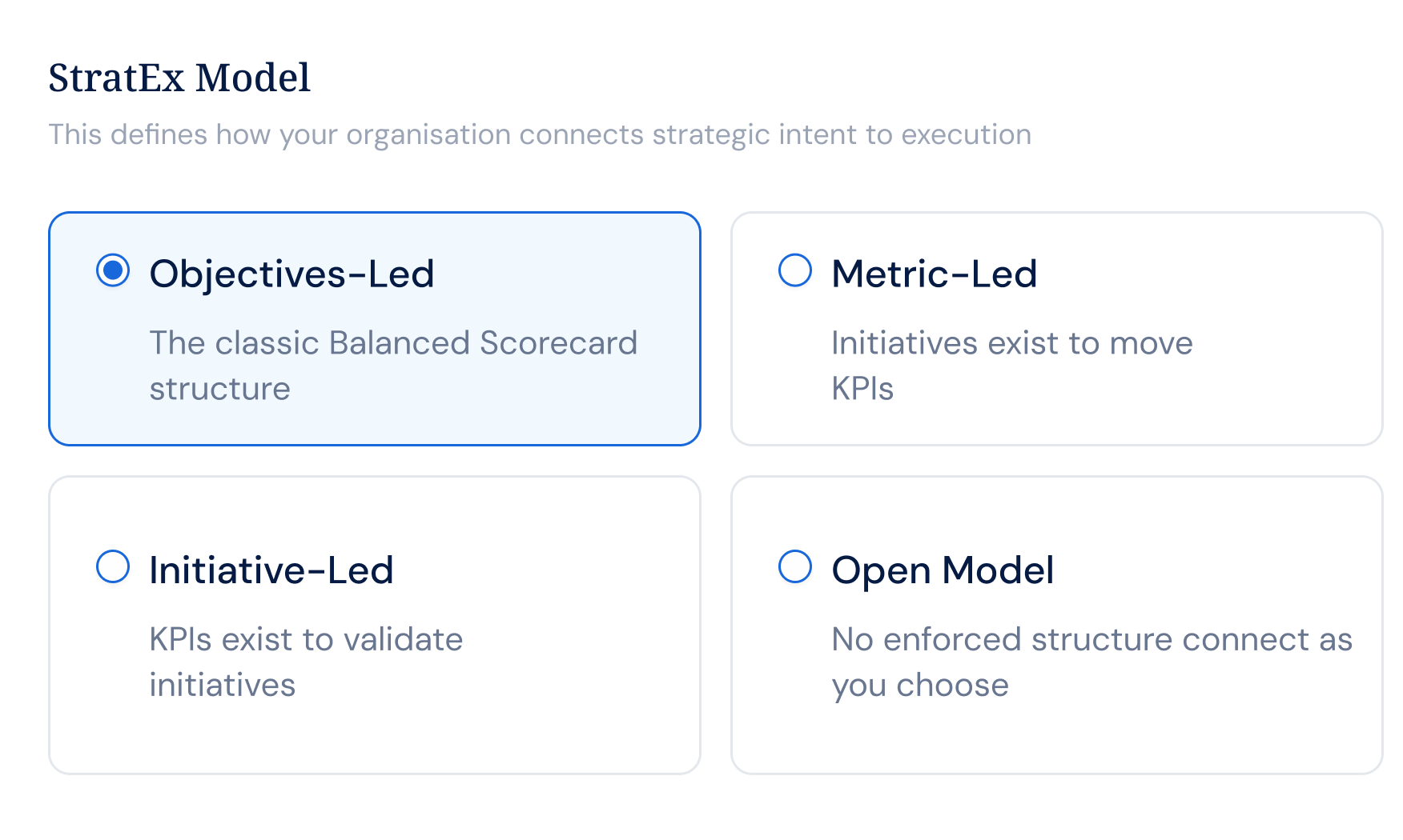Four strategy execution models for objectives, metrics, and initiatives