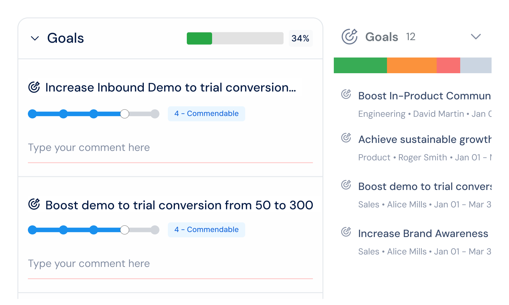 Review form auto-filled with goal progress, Key Result scores, and OKR completion