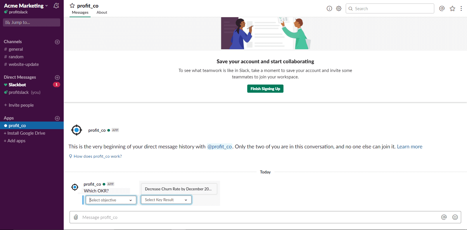 Check In with profit from Slack, checkin, @profit_co check in
