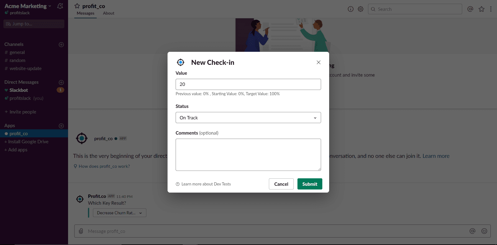 OKRs from Profit account displaying in slack's profit channel